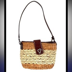 Brighton Sadie Raffia Straw Shoulder Bag Croc-Embossed Leather Heart Charm